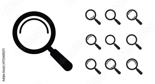 Black and white magnifying glass and smaller search icons illustration