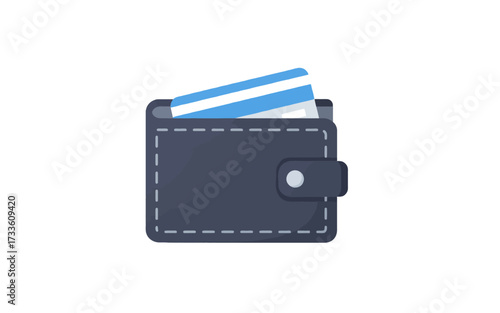 A dark gray wallet with a light blue credit card sticking out of it.