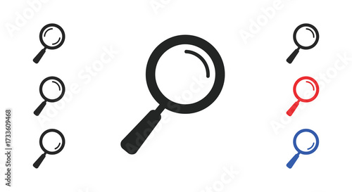 Various magnifying glass icons in different colors and styles are shown