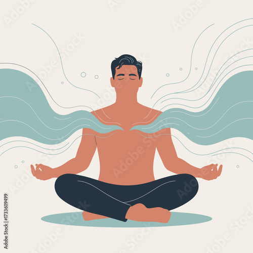 Man meditating in a lotus position with abstract waves of energy emanating from his chest