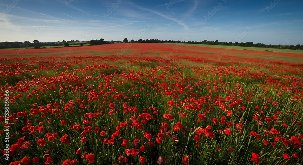 Obraz premium Vibrant red poppy field under a clear blue sky evokes serenity and remembrance