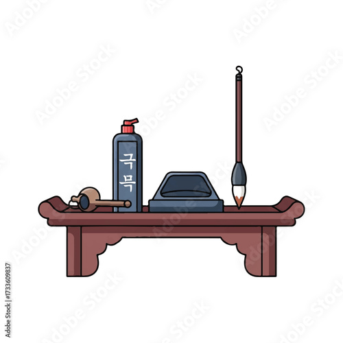 A traditional Korean altar with various ritual items including a bottle, pipe, and incense stick on a wooden table against a clean white background with a serene mood.