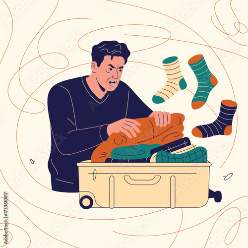 Man packing suitcase with clothes and socks flying out in frustration luggage travel