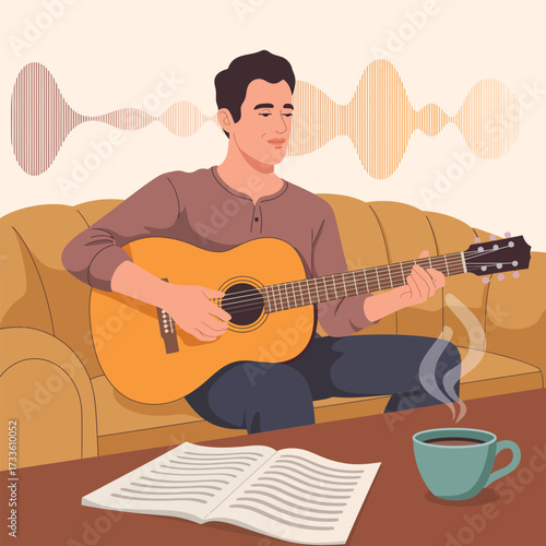 Man Playing Acoustic Guitar Indoors with Coffee and Sheet Music instrument