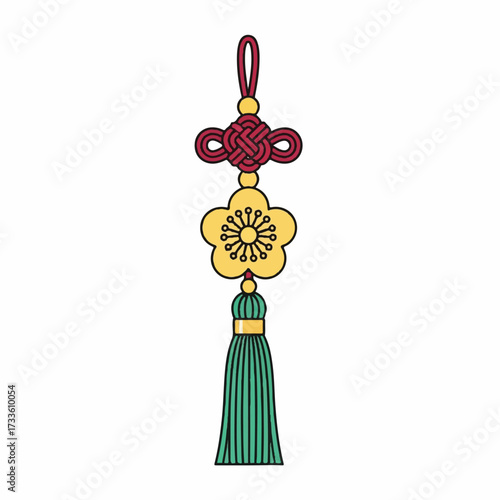 A traditional Korean ornament featuring a red knot, yellow flower-shaped center with a sunburst design, and green tassel with gold accents against a clean white background.