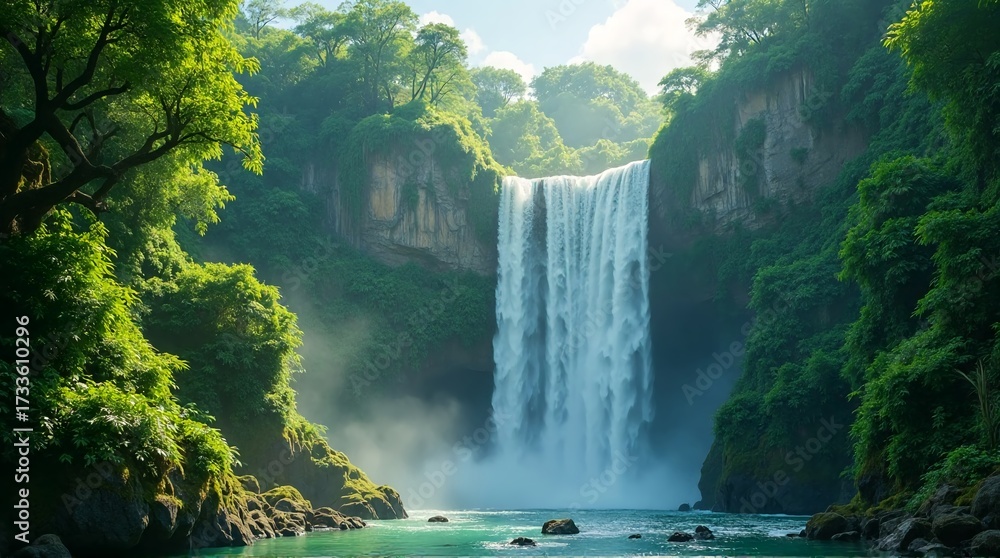 Naklejka premium Green forest landscape illustration with magical atmosphere. Perfect for environmental campaigns, fantasy designs, outdoor branding, and creative stock projects. A versatile illustration for multiple