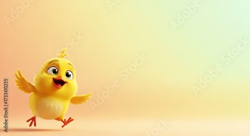 Energetic 3D Cartoon Chick Joyfully Running on Soft Gradient Background with Ample Copy Space