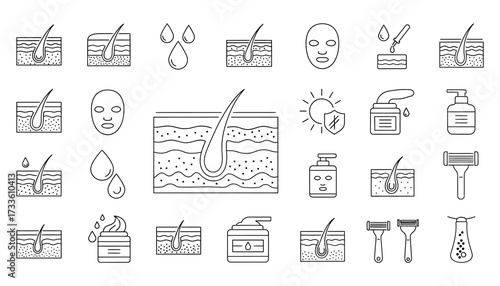 Vector art of collection of line art icons representing skincare, hair care, and beauty treatments