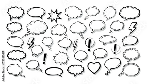 Vector art of collection of handdrawn speech bubbles and thought clouds isolated on a, representing communication and ideas