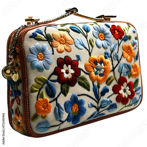Ornate vintage embroidered clutch purse with vibrant floral patterns and metal clasp isolated on transparent background