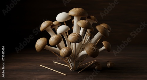 Close up of fresh mushrooms on a wooden surface with dark background