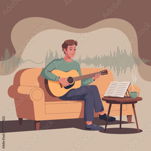 Man Sitting on Sofa Playing Acoustic Guitar with Sheet Music couch