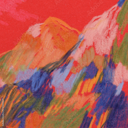 Mountains. Hand painted landscape. Colored pencils on paper. Versatile artistic image for creative design projects: posters, banners, websites, cards, prints and wallpapers. Artist-made art.