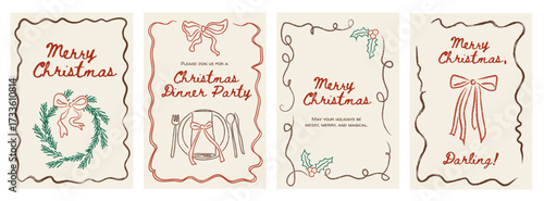 Whimsical retro Christmas card and dinner menu templates. Hand drawn doodle holiday invitation backgrounds with bows and ribbons. Festive illustration for seasonal party banners and greeting designs.