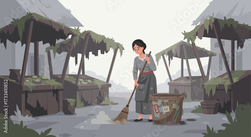 Diligent market cleaner sweeping in the desolate market square cartoon illustration