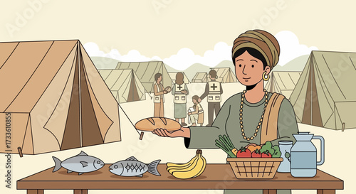 Woman distributing food at refugee camp with aid workers and tent settlement