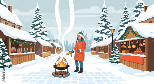 Enchanting winter market scene with a woman grilling corn over an open fire