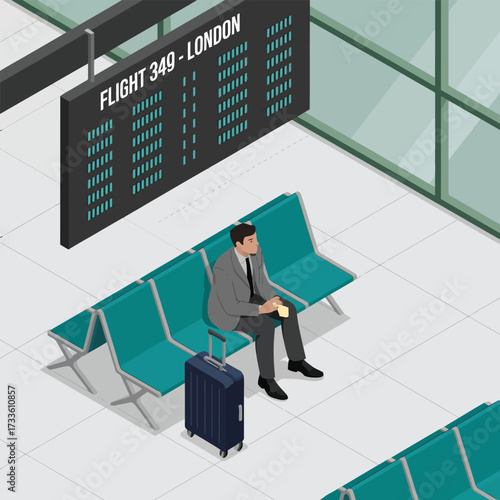 Man waiting at airport with luggage near departure board for flight to London suitcase