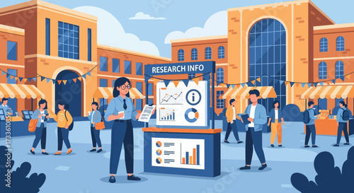 Informative research fair illustration with booths and interested attendees