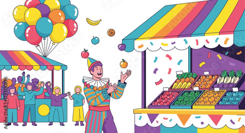 Festive fair with happy crowd, playful clown juggling fruits and vibrant market stalls