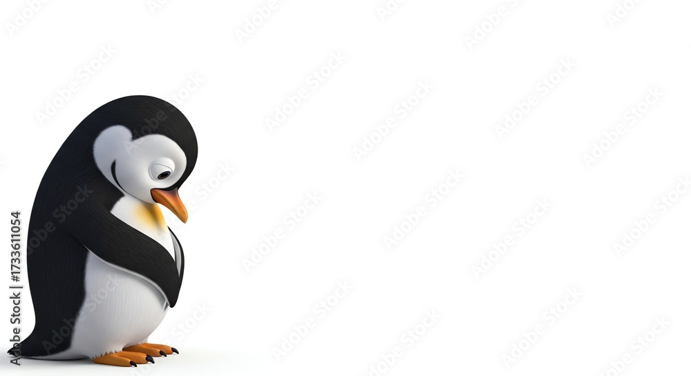 Fototapeta premium Adorable 3D Cartoon Penguin with a Melancholy Expression on White Background