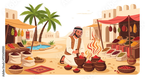 Artistic Depiction of Traditional Middle Eastern Spice Merchant Preparing Ingredients