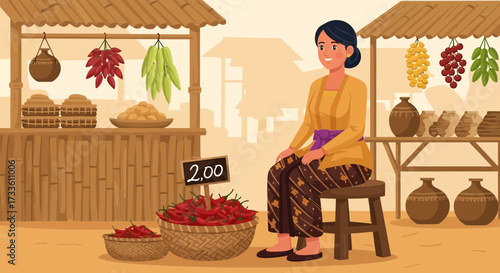 Traditional market scene with a woman in local attire selling fresh produce