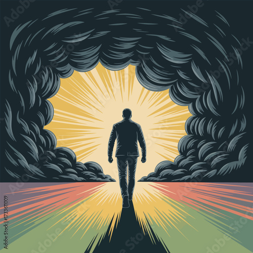 Man Walking Towards Bright Light Through Dark Clouds graphic design