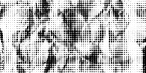 Black and white halftone wrinkled newspaper bg with circle dot pattern. Crumpled paper with duotone raster texture. Grainy vintage graphic. Vintage vector illustration