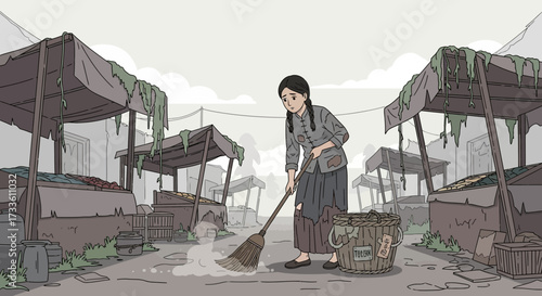 Downtrodden street sweeper cleans deserted market, embodying resilience