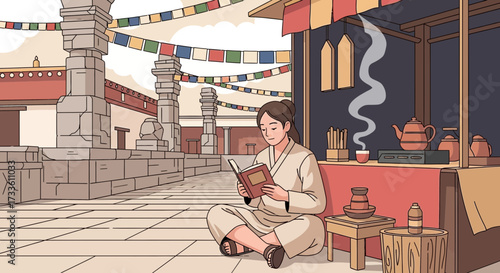 Serene moment: Woman reading in a traditional Asian setting with prayer flags