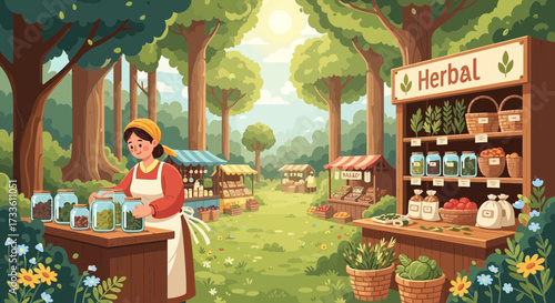 A vibrant and charming herbal market scene with a cheerful vendor in a forest setting