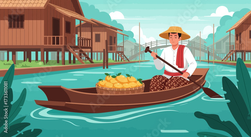 Floating market vendor with mangos traversing the serene canals of Thailand