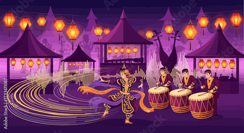 Vibrant depiction of traditional Southeast Asian dance and musical performance