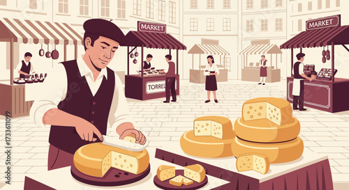 Artisanal cheese market: A vector illustration of local food culture and tradition