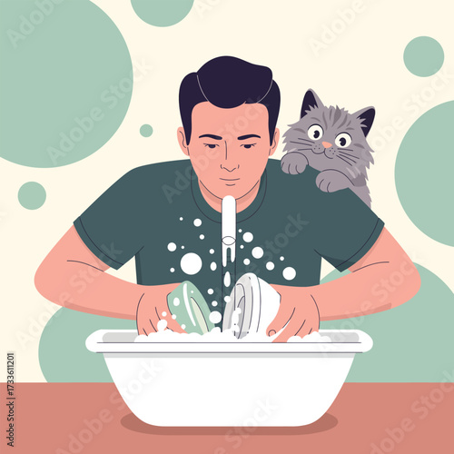 Man washing dishes with a cat on his shoulder Keywords: man, washing, dishes, cat, pet, animal, sink, water, soap, bubbles, foam, cleaning
