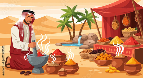 Artistic portrayal of an Arabian spice merchant preparing ingredients in the desert