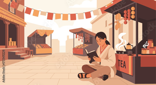 Woman enjoying a book amidst the vibrant energy of a stylized bustling marketplace