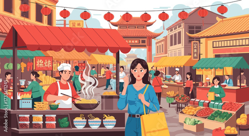 Vibrant illustration of bustling Asian street market, offering a rich cultural experience