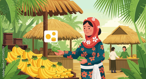 Vibrant vector illustration of a tropical market with a woman buying bananas