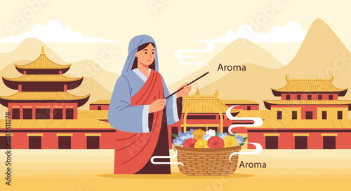 Aromatic journey in Asian landscape: woman, buildings, and floral scents unveil tranquility