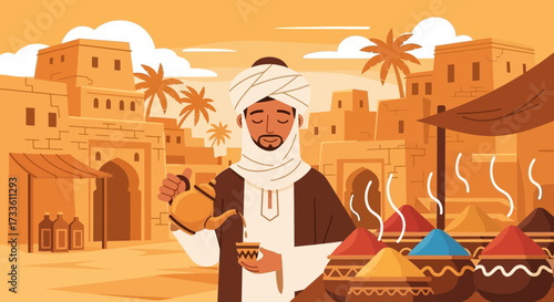 Arabian merchant pouring tea in desert marketplace with ancient architecture