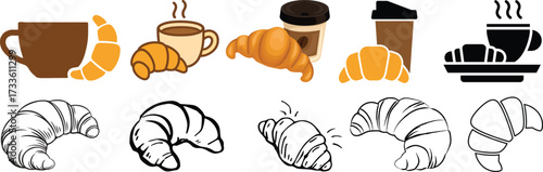 silhouette, liner loaf of bread, vector illustration of bread. mussel silhouette vector. Simple black and white illustration featuring coffee cup steaming and delicious croissant in cafe design.