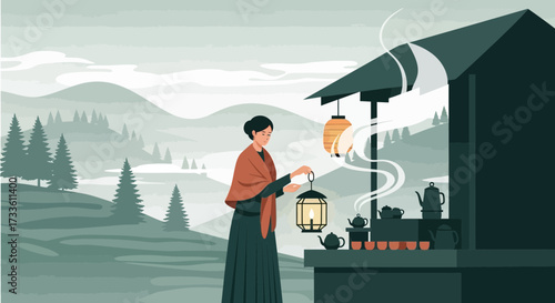 Elegant lady preparing tea in a tranquil mountain landscape during twilight