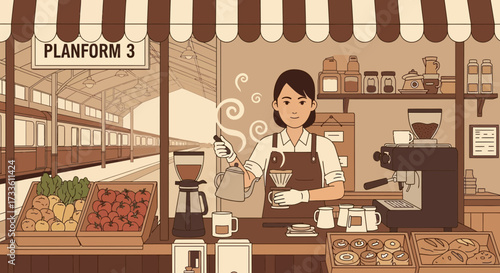 Platform 3 Coffee Stand: A Cozy Illustration of a Barista at a Railway Station