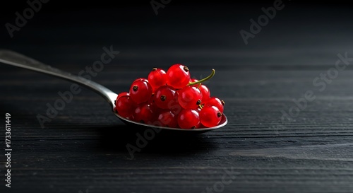 Close up of fresh red currant berries on a silver spoon against dark background
