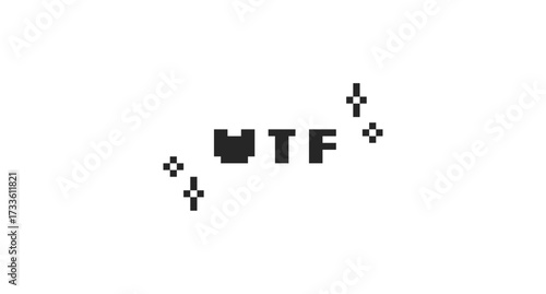 WTF abbreviation black pixel art social media slang word. What the lingo. Rude expression of disbelief, anger, confusion. 16 bit videogame text. Nostalgic internet typography. Silkscreen font used
