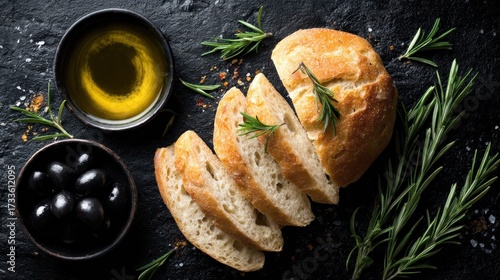 Bread slices, olives, olive oil, and rosemary on a dark background, showcasing food arrangement
