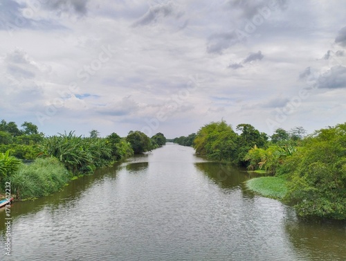 A calm river stretches between green trees with a cloudy sky above.