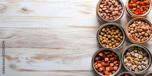 Assorted dry pet food in metal containers on wood background